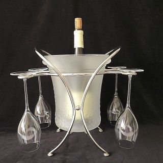 Godinger Silver Champagne Ice Bucket Stand Frosted Glass W 4 Freixenet Flutes