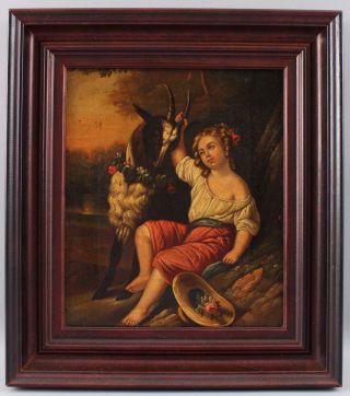 Small 19thc Antique Genre Oil Painting,  Young Girl W/ Goat & Flower Wreath Nr