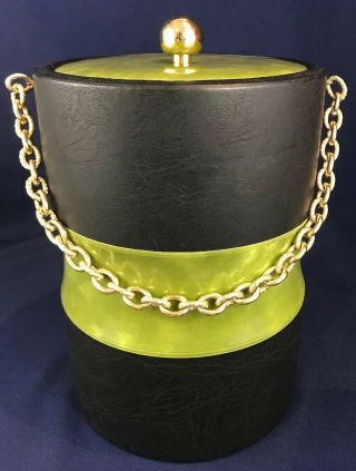 Vintage Georges Briard Ice Bucket Black Green Vinyl Gold Chain Mid Century