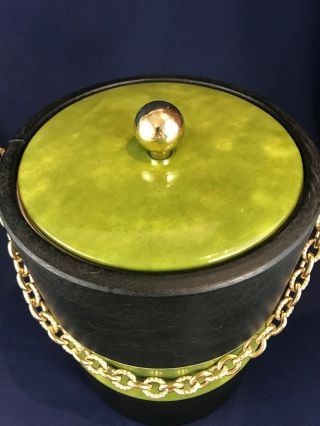 VIntage Georges Briard Ice Bucket Black Green Vinyl Gold Chain Mid Century 5