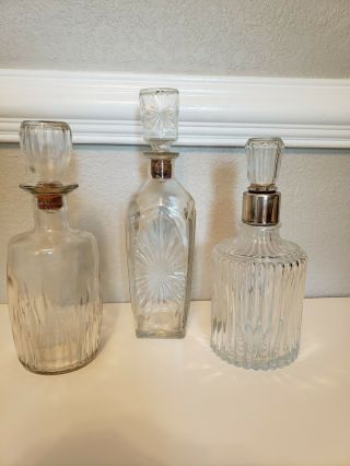 Set Of 3 Vintage Glass Liquor Decanters Mid Century