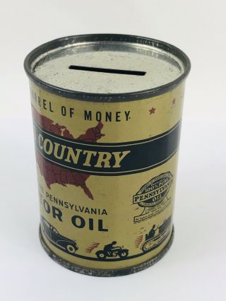 MINIATURE CROSS COUNTRY MOTOR OIL TIN CAN BANK 2.  75 