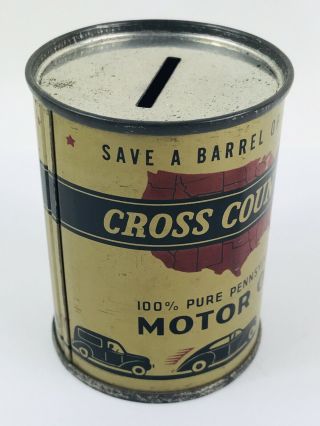MINIATURE CROSS COUNTRY MOTOR OIL TIN CAN BANK 2.  75 