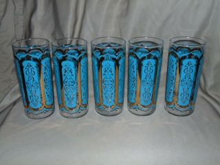 Vintage 5 Blue 24kt Gold Mcm Tumblers Glasses Barware Culver Briard Style