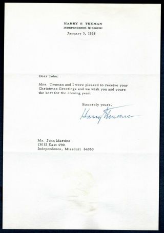President Harry S.  Truman Autographed Signed Tls 1968 Independence Missouri Jsa