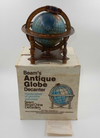 Vintage 1980 Jim Beam Full Color World Globe Decanter On Wooden Stand Empty