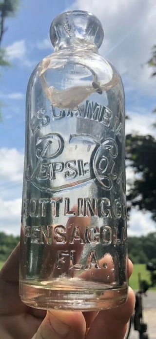Rare Pepsi Cola Script Hutchinson Bottle Pensacola Florida Fla Early Hutch Soda