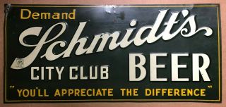 Schmidts City Club Beer Metal Sign Embossed 29 X 13 Roofing Nail Holes