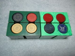 200 Vintage Red,  White & Blue Clay Poker Chips In Green Catalin Holders