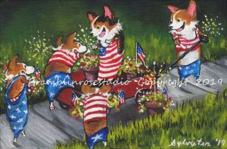 Welsh Pembroke Corgi Painting Dog Puppy Patriotic American Flag 4th Of July Art