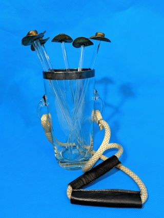Vintage Brass Cowboy Hat Swizzle Glass Sticks Cocktail Stirrers Set Of 6 Cup
