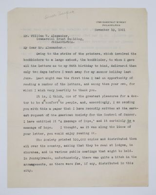 1921 Autograph Typed Letter By Dr William W Keen,  First To Remove Brain Tumor