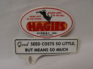 Vintage Hagies Hybrids Clarion Iowa Corn Seed Advertising License Plate Topper
