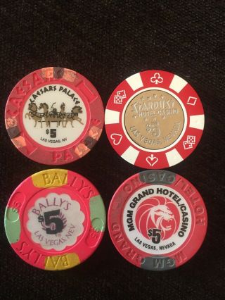 (4) $5 Las Vegas Casino Chips: Stardust,  Caesars Palace,  Mgm Grand,  Bally 