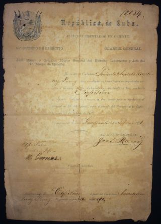 1896 Cuba Ejercito Libertador Signed Military Doc - Antonio Maceo & Maximo Gomez