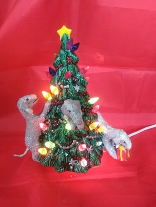 Four Bedlington Terrier Dogs On Christmas Tree Sculpture Lighted Signed Ooak