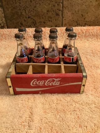 Vintage Miniature Coca Cola Glass Bottles Metal Lids Wood Crate