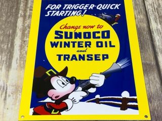 Vintage " Sunoco " Winter Oil W/ Mickey Mouse 12 " X 8 " Baked Metal Gasoline Sign