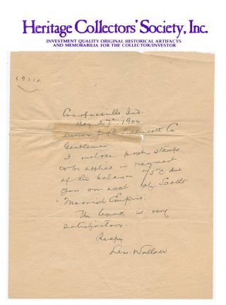 Lew Wallace,  Author Of " Ben Hur,  " Handwritten And Signed Letter Dated May 1904