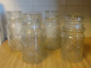 Vintage Three 1983 & One 1884 Mr.  Peanut Clear Glass Decanter Jars Nuts