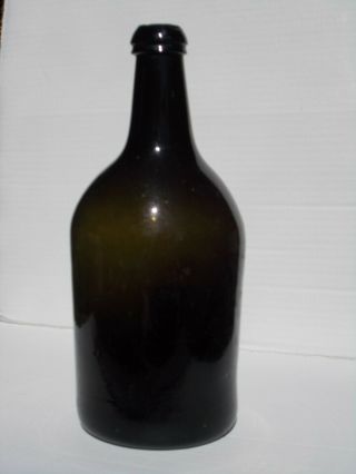 Antique Blown Black Olive Green Glass Bottle,  Op,  10 "