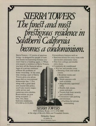 1974 Sierra Towers 32 Stories Prestigious Residence California Condominium Ad