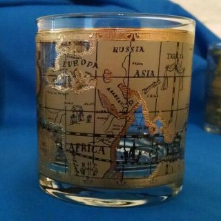 Vintage Set Of 4 Cera Old World Nautical Map 22k Gold Rock Whiskey Tumbler 4.  25 "