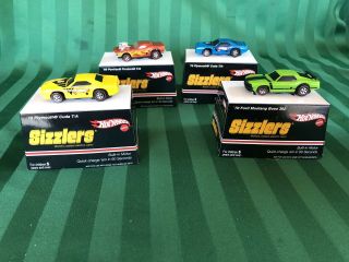 4 Hot Wheels Sizzlers Ford Mustang,  Plymouth Cuda,  Pontiac Firebird Racing Cars