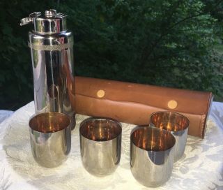 Vintage Made In Germany Travel Bar Shaker Set 4 Nesting Cups And Leather Case