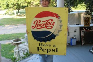Large Vintage 1964 Pepsi Cola Soda Pop Gas Station 35 " Embossed Metal Sign