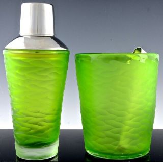 Fabulous Mid Century Modern Green Satin Glass Chrome Cocktail Shaker Ice Bucket