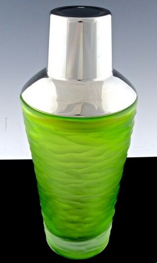 FABULOUS MID CENTURY MODERN GREEN SATIN GLASS CHROME COCKTAIL SHAKER ICE BUCKET 5