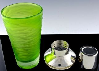 FABULOUS MID CENTURY MODERN GREEN SATIN GLASS CHROME COCKTAIL SHAKER ICE BUCKET 6