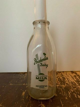 Vintage Pocahontas Dairy One Quart Glass Milk Bottle Pocahontas Iowa