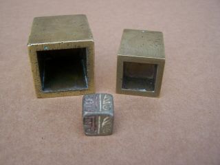 Antique 19thc Chinese Se Asian Brass Lien Poh Gambling Dice Box With Orig Die