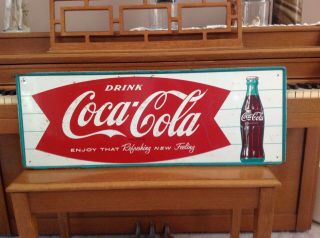 Vintage Coca Cola Soda Pop Gas Station 32 " X12 " 1960s Metal Sign