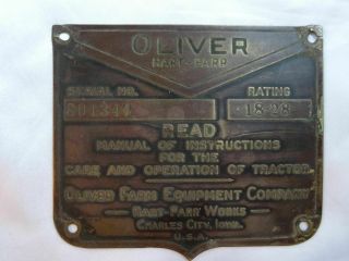 Antique Oliver Hart - Parr Data Plate Tractor I.  D.  Tag Charles City Ia S/n 801344