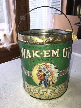 9 " Wak - Em Up Coffee Tin Native American Graphics