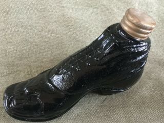 Antique Black Glass Whiskey Flask Figural Shoe Bottle W/toe