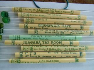 Group 10 Vintage Glass W/ Paper Advertising Stir Sticks.  Green River Whiskey