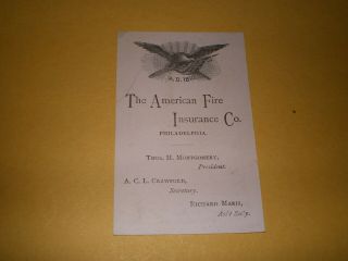1885 Calendar American Fire Insurance Company Advertising Business Card