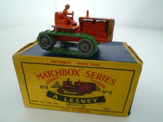 Matchbox Lesney No.  8a Caterpillar Tractor Boxed 1955 Orange / Gold Grille