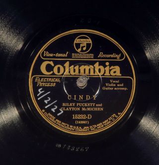 78 Rpm - - Riley Puckett & Clayton Mcmichen,  Columbia 15232 " Cindy ",  Ee - Country