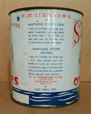 Stork Brand Oysters,  H.  S.  Thompson & Co.  Grasonville,  MD. ,  1 Gal.  Can,  1940 ' s - 50 ' s 3