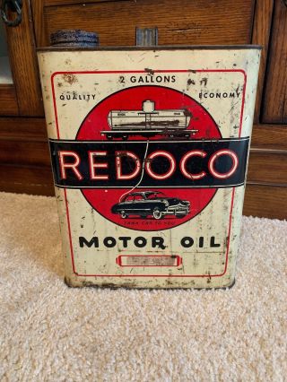 Early 2 Gallon Redoco Motor Oil Can Graphics Gas Advertising Redhead