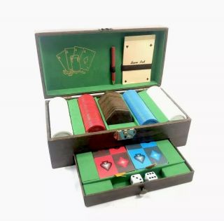Vintage Poker Chip Box Set Cards Dice Scorepad Box With Drawer 9242 Retro