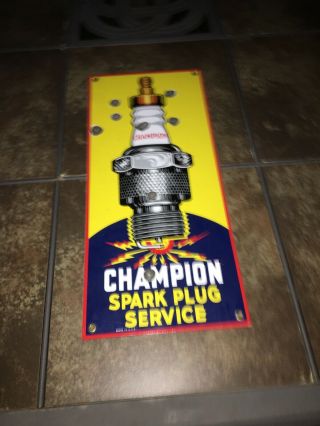 Vintage Champion Spark Plug Service Sign,  8” X 18” Heavy Steel Porcelain Sign.