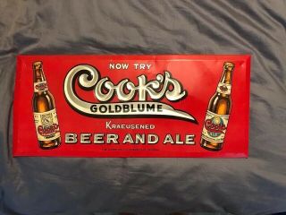 1940’s Cook’s Beer Ale Very Rare Tin Sign 9x19 Evansville Indiana.  Good Shape