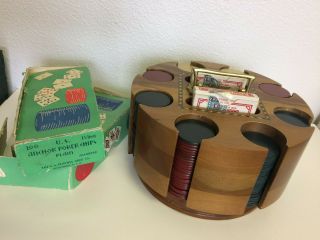 Vintage Poker Chip Set Wooden Carousel W/ Inlay Design,  Bee Cards,  Chip Boxes