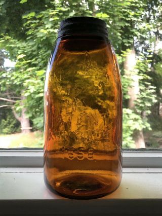 Multi - Tone Amber Masons Unlettered Cross Patent 1858 Half Gallon Fruit Jar 543